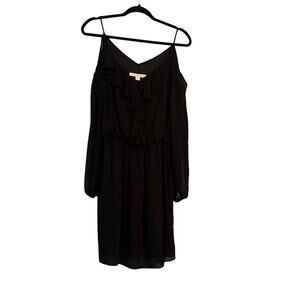 Boston Proper Black Dress Cold Shoulder Sheer Ruffle Front Gathered Waist Sz. 8